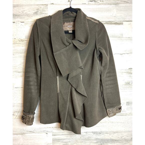 Emilie D Women’s Small Green Leather Jacket medium weight Zip Up Cascade Front - Picture 1 of 7